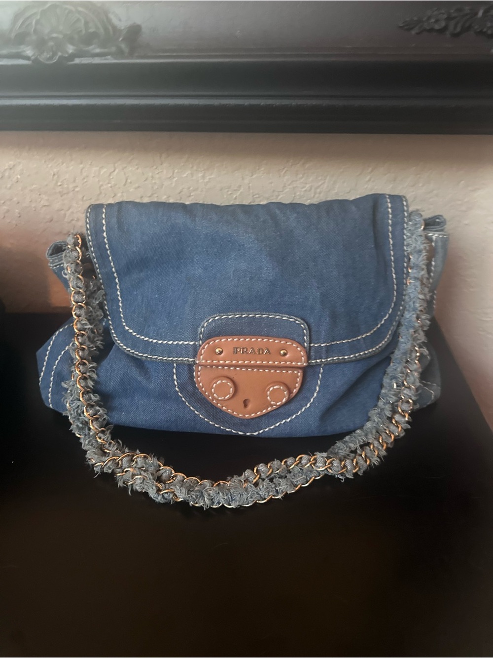Blue Denim Crossbody with Tan Leather Trim